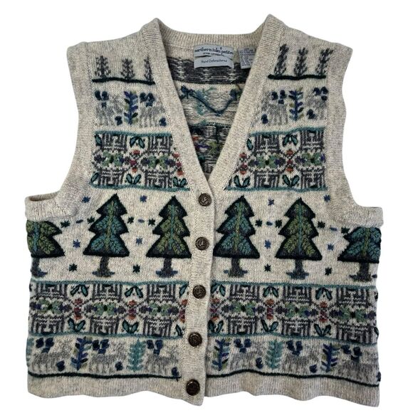 Northern Isles Petites Embroidered Wool Sweater Vest Large PL Trees Moose Elk - Picture 1 of 11
